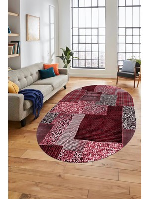 Evdeya Baskılı Kaymaz Taban Yıkanabilir Patchwork Desen Oval Yolluk Salon Halısı, O-Patchwork-15-Kırmızı,