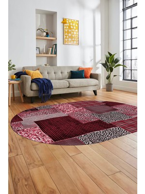 Evdeya Baskılı Kaymaz Taban Yıkanabilir Patchwork Desen Oval Yolluk Salon Halısı, O-Patchwork-15-Kırmızı,