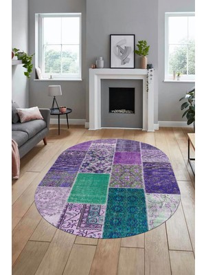 Evdeya Baskılı Kaymaz Taban Yıkanabilir Patchwork Desen Oval Yolluk Salon Halısı, O-Patchwork-01-Mor,