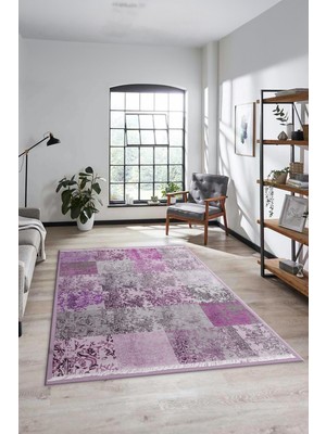 Evdeya Dijital Kaymaz Taban Yıkanabilir Patchwork Desen Yolluk Mutfak Salon Halısı, Patchwork-17-Pembe,