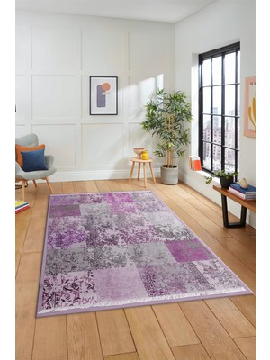 Evdeya Dijital Kaymaz Taban Yıkanabilir Patchwork Desen Yolluk Mutfak Salon Halısı, Patchwork-17-Pembe,