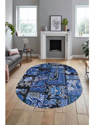 Evdeya Baskılı Kaymaz Taban Yıkanabilir Patchwork Desen Oval Yolluk Salon Halısı, O-Patchwork-12-Mavi,