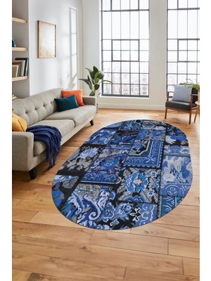 Evdeya Baskılı Kaymaz Taban Yıkanabilir Patchwork Desen Oval Yolluk Salon Halısı, O-Patchwork-12-Mavi,