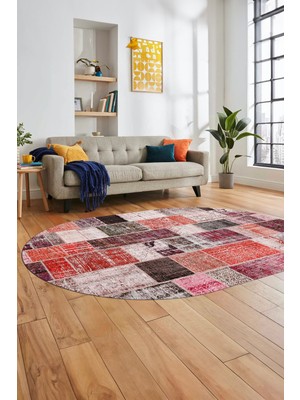 Evdeya Baskılı Kaymaz Taban Yıkanabilir Patchwork Desen Oval Yolluk Salon Halısı, O-Patchwork-03-Kırmızı,