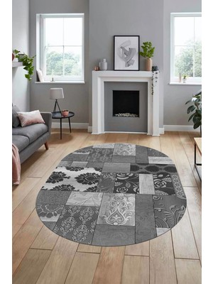 Evdeya Baskılı Kaymaz Taban Yıkanabilir Patchwork Desen Oval Yolluk Salon Halısı, O-Patchwork-16-Gri,