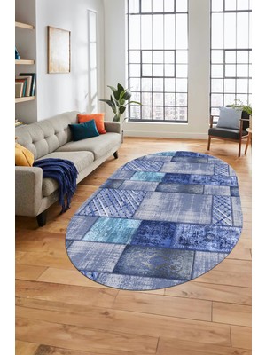 Evdeya Baskılı Kaymaz Taban Yıkanabilir Patchwork Desen Oval Yolluk Salon Halısı, O-Patchwork-18-Mavi,