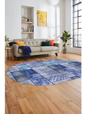 Evdeya Baskılı Kaymaz Taban Yıkanabilir Patchwork Desen Oval Yolluk Salon Halısı, O-Patchwork-18-Mavi,