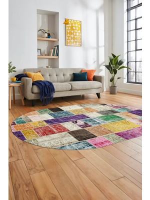 Evdeya Baskılı Kaymaz Taban Yıkanabilir Patchwork Desen Oval Yolluk Salon Halısı, O-Patchwork-03-Renkli,