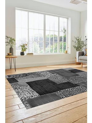 Evdeya Dijital Kaymaz Taban Yıkanabilir Patchwork Desen Yolluk Mutfak Salon Halısı, Patchwork-15-Gri,