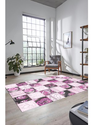 Evdeya Dijital Kaymaz Taban Yıkanabilir Patchwork Desen Yolluk Mutfak Salon Halısı, Patchwork-19-Pembe,