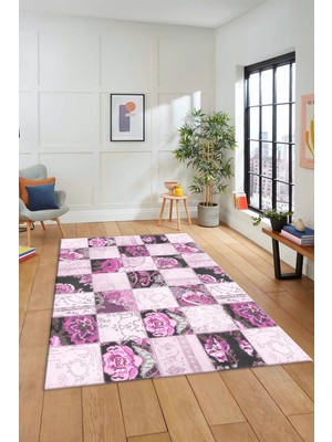 Evdeya Dijital Kaymaz Taban Yıkanabilir Patchwork Desen Yolluk Mutfak Salon Halısı, Patchwork-19-Pembe,