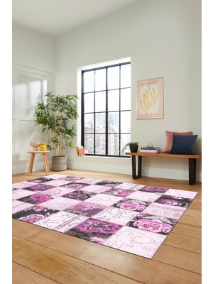 Evdeya Dijital Kaymaz Taban Yıkanabilir Patchwork Desen Yolluk Mutfak Salon Halısı, Patchwork-19-Pembe,