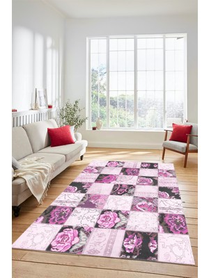 Evdeya Dijital Kaymaz Taban Yıkanabilir Patchwork Desen Yolluk Mutfak Salon Halısı, Patchwork-19-Pembe,