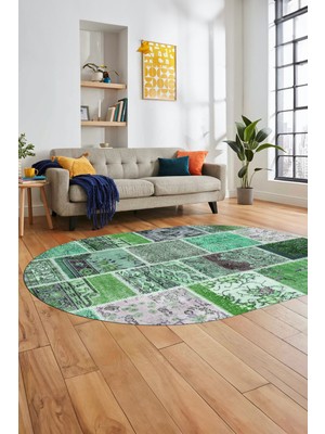 Evdeya Baskılı Kaymaz Taban Yıkanabilir Patchwork Desen Oval Yolluk Salon Halısı, O-Patchwork-04-Yeşil,
