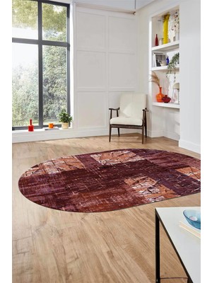 Evdeya Baskılı Kaymaz Taban Yıkanabilir Patchwork Desen Oval Yolluk Salon Halısı, O-Patchwork-05-Kırmızı,