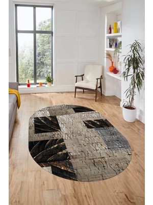 Evdeya Baskılı Kaymaz Taban Yıkanabilir Patchwork Desen Oval Yolluk Salon Halısı, O-Patchwork-05-Vizon,