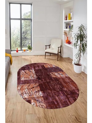 Evdeya Baskılı Kaymaz Taban Yıkanabilir Patchwork Desen Oval Yolluk Salon Halısı, O-Patchwork-05-Kırmızı,