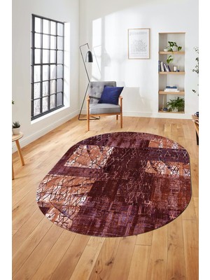 Evdeya Baskılı Kaymaz Taban Yıkanabilir Patchwork Desen Oval Yolluk Salon Halısı, O-Patchwork-05-Kırmızı,