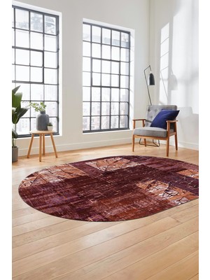 Evdeya Baskılı Kaymaz Taban Yıkanabilir Patchwork Desen Oval Yolluk Salon Halısı, O-Patchwork-05-Kırmızı,