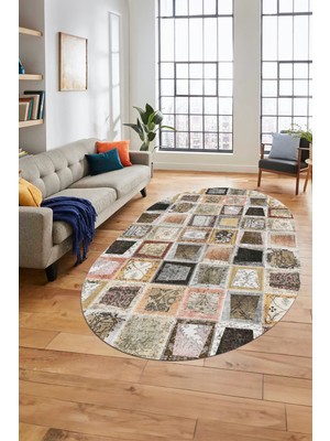 Evdeya Baskılı Kaymaz Taban Yıkanabilir Patchwork Desen Oval Yolluk Salon Halısı, O-Patchwork-14-Kahve,