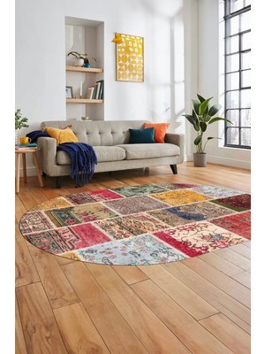 Evdeya Baskılı Kaymaz Taban Yıkanabilir Patchwork Desen Oval Yolluk Salon Halısı, O-Patchwork-04-Renkli,