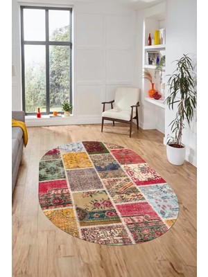 Evdeya Baskılı Kaymaz Taban Yıkanabilir Patchwork Desen Oval Yolluk Salon Halısı, O-Patchwork-04-Renkli,