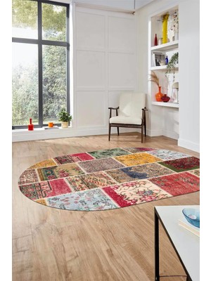 Evdeya Baskılı Kaymaz Taban Yıkanabilir Patchwork Desen Oval Yolluk Salon Halısı, O-Patchwork-04-Renkli,