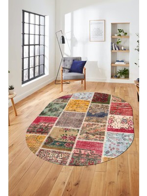 Evdeya Baskılı Kaymaz Taban Yıkanabilir Patchwork Desen Oval Yolluk Salon Halısı, O-Patchwork-04-Renkli,