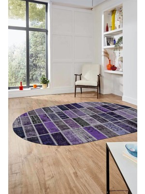 Evdeya Baskılı Kaymaz Taban Yıkanabilir Patchwork Desen Oval Yolluk Salon Halısı, O-Patchwork-09-Mor,