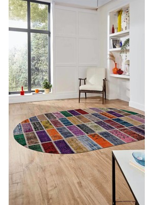 Evdeya Baskılı Kaymaz Taban Yıkanabilir Patchwork Desen Oval Yolluk Salon Halısı, O-Patchwork-09-Renkli,