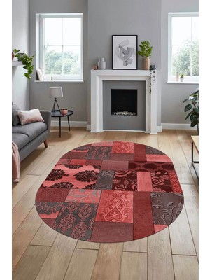 Evdeya Baskılı Kaymaz Taban Yıkanabilir Patchwork Desen Oval Yolluk Salon Halısı, O-Patchwork-16-Kırmızı,