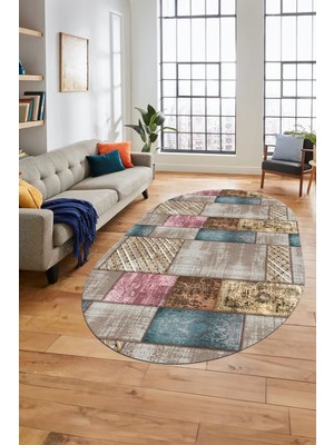 Evdeya Baskılı Kaymaz Taban Yıkanabilir Patchwork Desen Oval Yolluk Salon Halısı, O-Patchwork-18-Renkli,