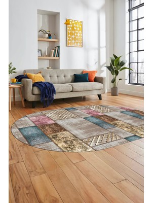 Evdeya Baskılı Kaymaz Taban Yıkanabilir Patchwork Desen Oval Yolluk Salon Halısı, O-Patchwork-18-Renkli,