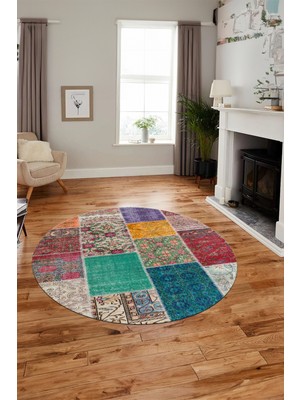Evdeya Baskılı Kaymaz Yıkanabilir Patchwork Desen Yuvarlak Mutfak Salon Halısı, Y-Patchwork-01-Renkli,