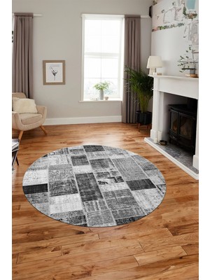 Evdeya Baskılı Kaymaz Yıkanabilir Patchwork Desen Yuvarlak Mutfak Salon Halısı, Y-Patchwork-03-Gri,