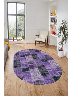 Evdeya Baskılı Kaymaz Taban Yıkanabilir Patchwork Desen Oval Yolluk Salon Halısı, O-Patchwork-07-Mor,