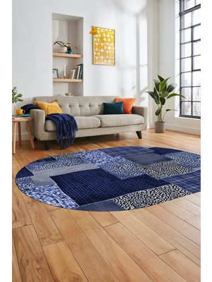 Evdeya Baskılı Kaymaz Taban Yıkanabilir Patchwork Desen Oval Yolluk Salon Halısı, O-Patchwork-15-Mavi,