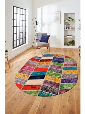 Evdeya Baskılı Kaymaz Taban Yıkanabilir Patchwork Desen Oval Yolluk Salon Halısı, O-Patchwork-10-Renkli,