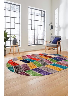 Evdeya Baskılı Kaymaz Taban Yıkanabilir Patchwork Desen Oval Yolluk Salon Halısı, O-Patchwork-10-Renkli,