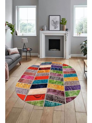 Evdeya Baskılı Kaymaz Taban Yıkanabilir Patchwork Desen Oval Yolluk Salon Halısı, O-Patchwork-10-Renkli,