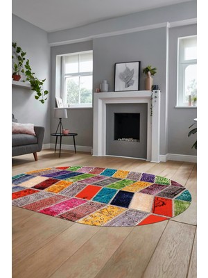 Evdeya Baskılı Kaymaz Taban Yıkanabilir Patchwork Desen Oval Yolluk Salon Halısı, O-Patchwork-10-Renkli,