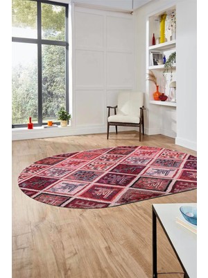 Evdeya Baskılı Kaymaz Taban Yıkanabilir Patchwork Desen Oval Yolluk Salon Halısı, O-Patchwork-08-Kırmızı,