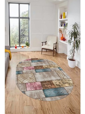 Evdeya Baskılı Kaymaz Taban Yıkanabilir Patchwork Desen Oval Yolluk Salon Halısı, O-Patchwork-18-Renkli,