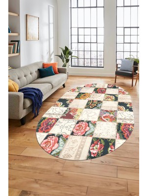 Evdeya Baskılı Kaymaz Taban Yıkanabilir Patchwork Desen Oval Yolluk Salon Halısı, O-Patchwork-19-Renkli,