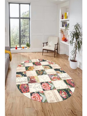 Evdeya Baskılı Kaymaz Taban Yıkanabilir Patchwork Desen Oval Yolluk Salon Halısı, O-Patchwork-19-Renkli,