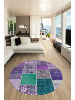 Evdeya Baskılı Kaymaz Yıkanabilir Patchwork Desen Yuvarlak Mutfak Salon Halısı, Y-Patchwork-01-Mor,