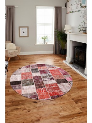 Evdeya Baskılı Kaymaz Yıkanabilir Patchwork Desen Yuvarlak Mutfak Salon Halısı, Y-Patchwork-03-Kırmızı,