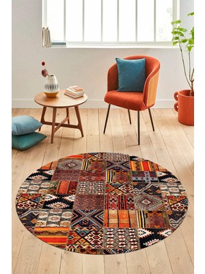 Evdeya Baskılı Kaymaz Yıkanabilir Patchwork Desen Yuvarlak Mutfak Salon Halısı, Y-Patchwork-06-Renkli,