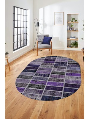 Evdeya Baskılı Kaymaz Taban Yıkanabilir Patchwork Desen Oval Yolluk Salon Halısı, O-Patchwork-09-Mor,