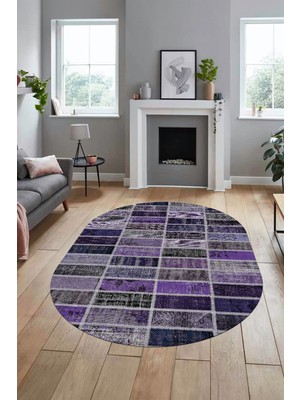 Evdeya Baskılı Kaymaz Taban Yıkanabilir Patchwork Desen Oval Yolluk Salon Halısı, O-Patchwork-09-Mor,